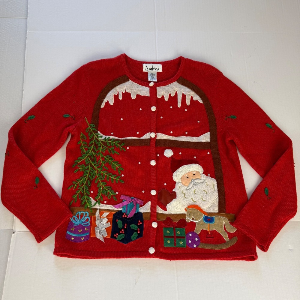 Ambra Womens Red Christmas Santa Window Beaded Embroidered Cardigan Sweater PS